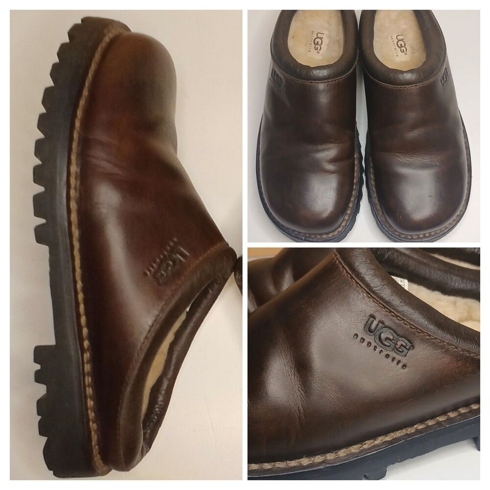 Vintage UGG Mules Sz 8 Brown Leather Sheepskin Lined Slip-on Lug Sole Y2K